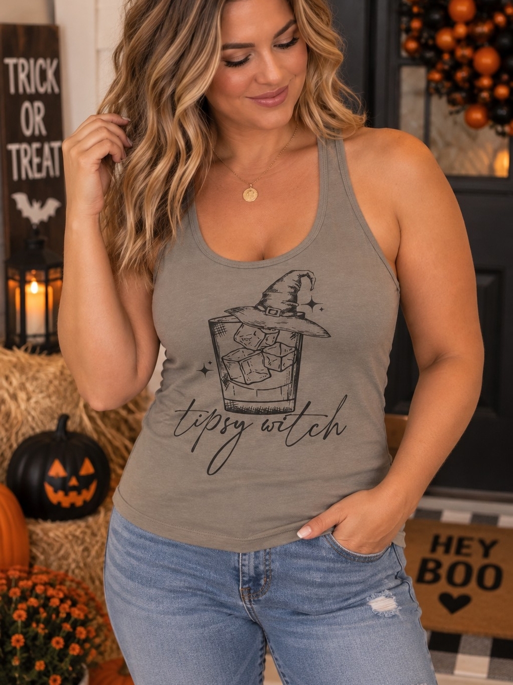 HG Creations Tipsy Witch Halloween Racerback Tank Top Slim Fit L & XL